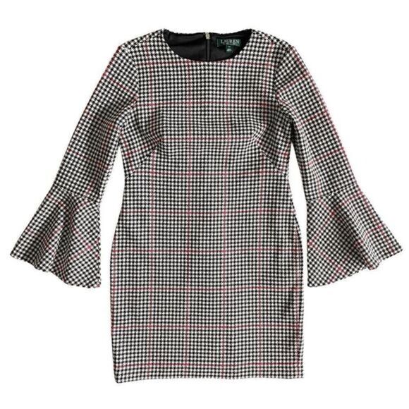 Lauren Ralph Lauren Houndstooth Flare Sleeve Dress Women’s Size 4 Petite - Picture 1 of 13